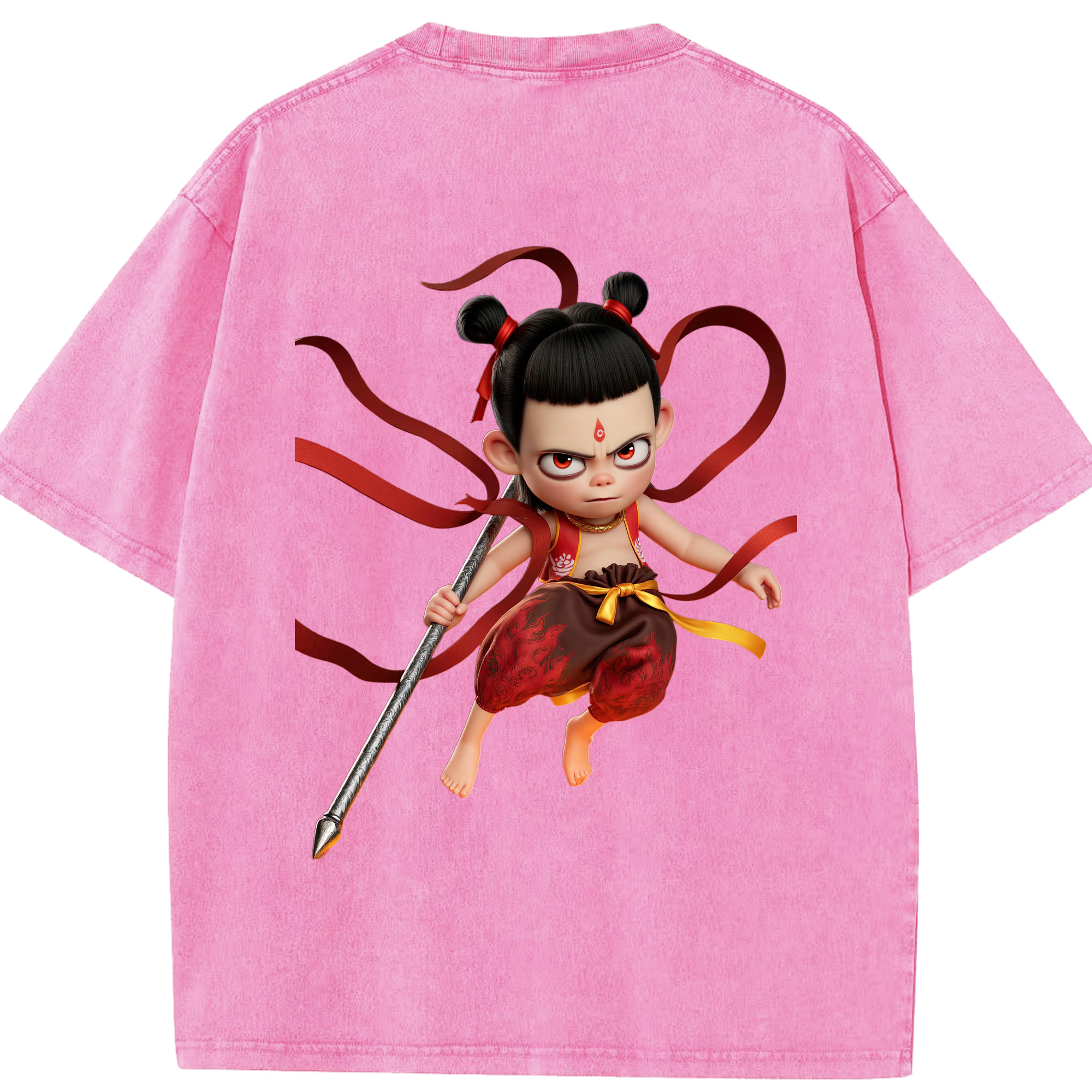 （画像用） Ne Zha 2 ナタ 魔童の大暴れ 綿100% ヴィンテージ風 半袖Tシャツ（背面プリント）